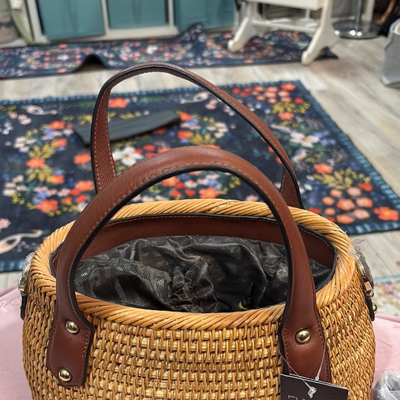 Woven Straw Tote with Brown Leather Handles - Picture 5 of 7